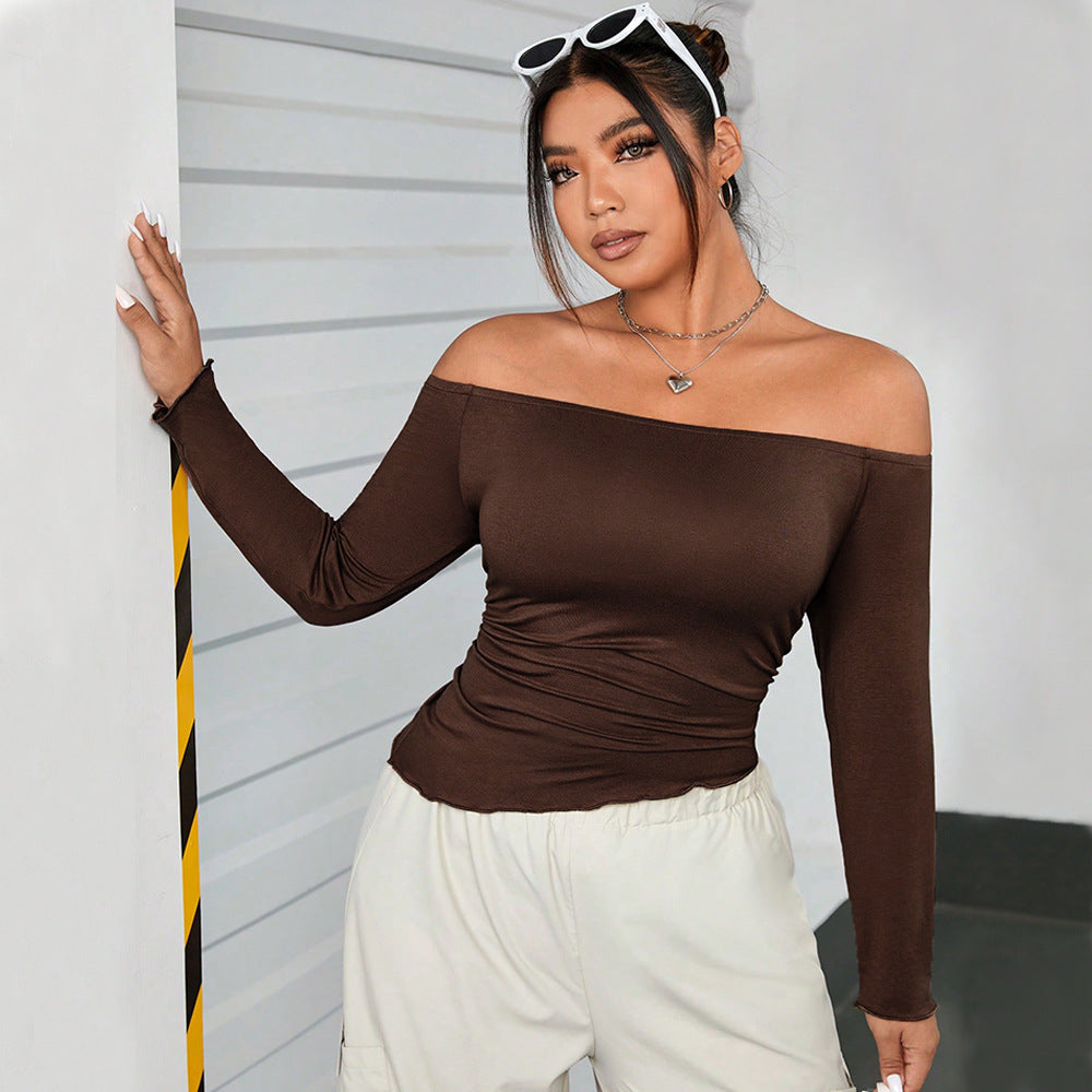 Plus Size Women Clothes Autumn Winter Brown Off Shoulder Long Sleeve T Shirt Sexy Solid Color Top