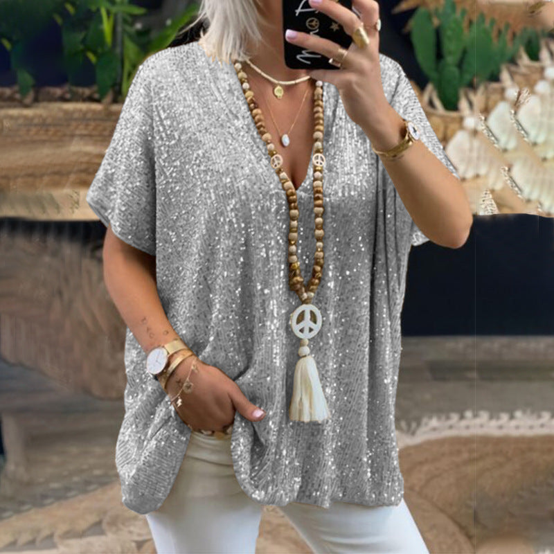 Short Sleeve Urban Casual Color Loose Pullover Sequined V neck T shirt Top Women Clothing