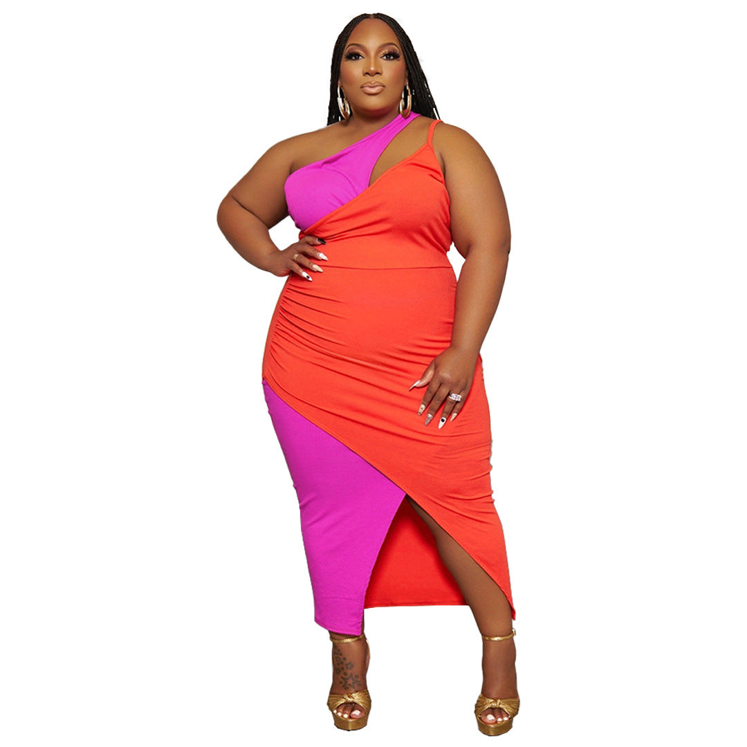 Plus Size Women Sunken Stripe Contrast Color Split Shoulder Zipper Dress