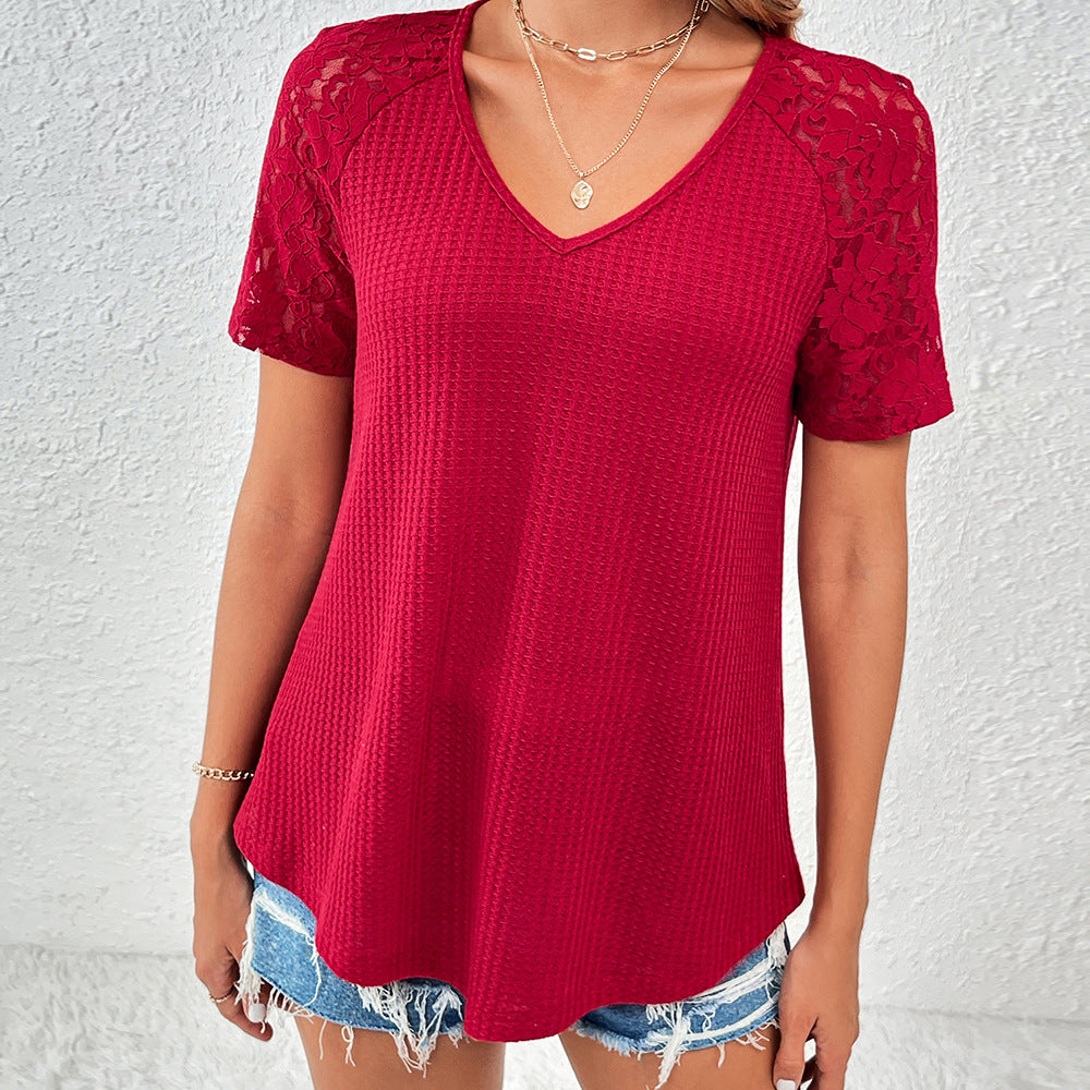 Summer Women Clothing Hollow Out Cutout Lace V neck Loose T shirt Short Sleeve Top for Women