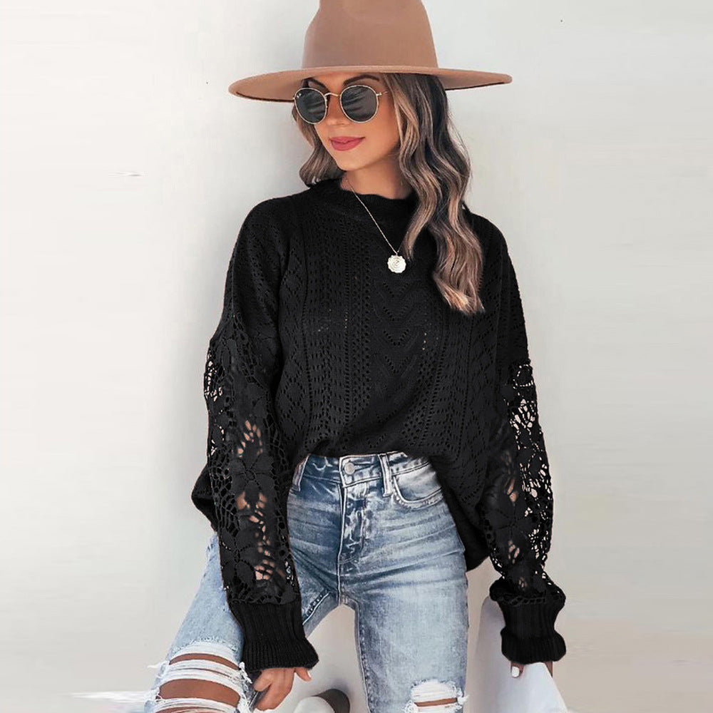 Cutout Floral Long Sleeved Sweater Women Loose round Neck Pullover Top