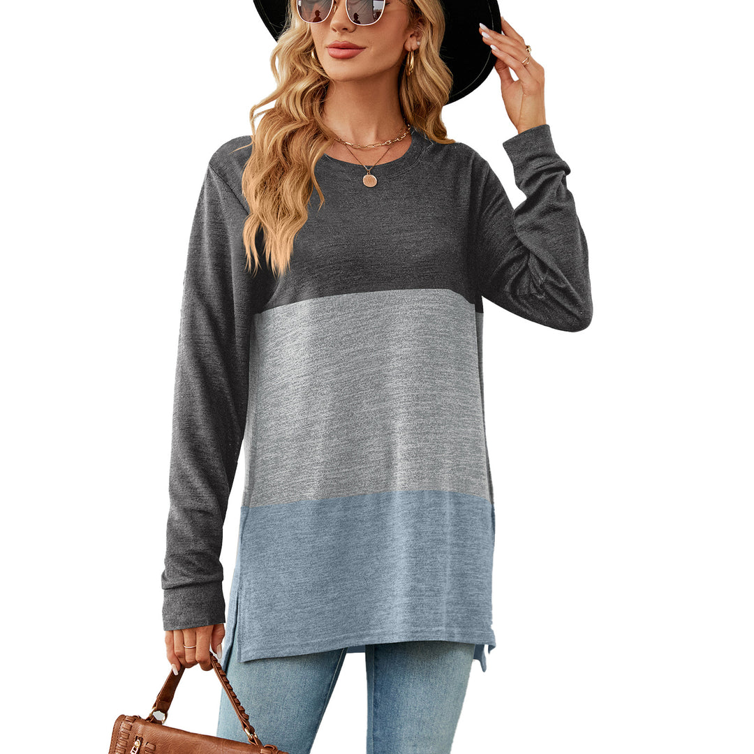 Autumn Winter Solid Color round Neck Contrast Color Stitching Loose Long Sleeved T shirt Women