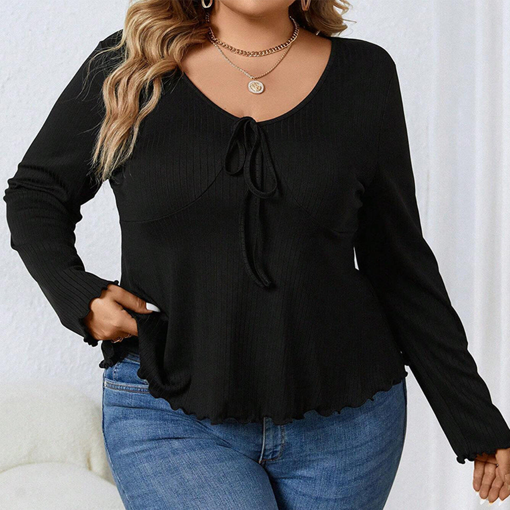 plus Size Women Clothes Autumn Winter V neck Waist Trimming Casual Knitted Solid Color Long Sleeved T shirt Top