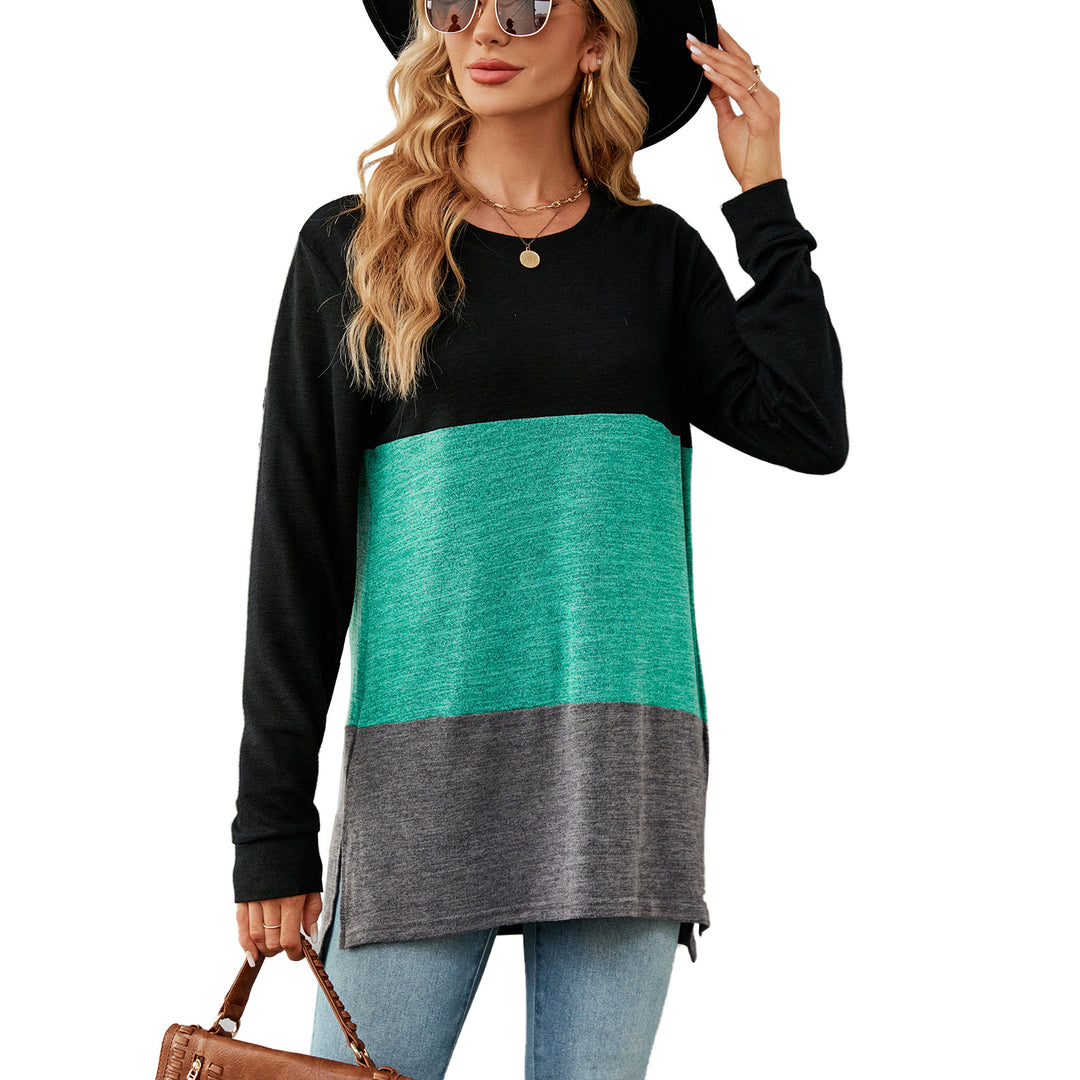 Autumn Winter Solid Color round Neck Contrast Color Stitching Loose Long Sleeved T shirt Women