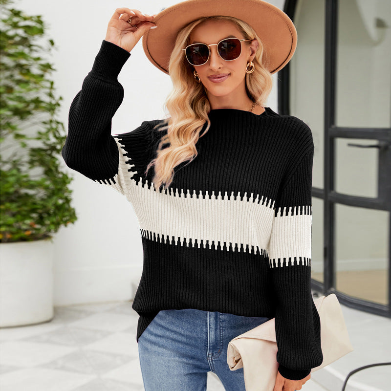 Color Contrast Patchwork Mock Neck Sweater Women Autumn Winter Lazy Wind Loose Pullover