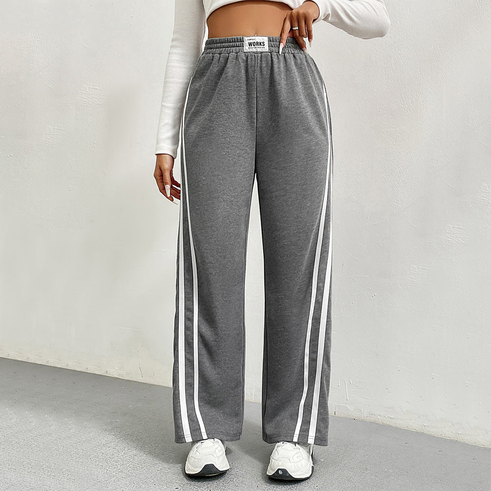 Sports Pants Women Spring Autumn High Waist Drooping Loose Straight Casual Sweatpants Striped Stitching Wide Leg Pants