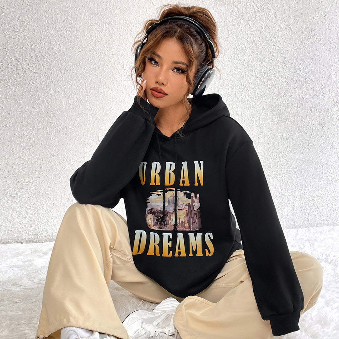 Women Clothing Retro Printed Pullover Loose Fitting Hoodie Long Sleeve Sweater