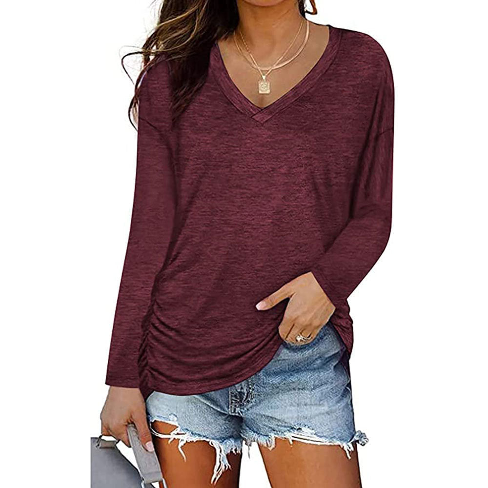 Women Clothing V neck Pleating Long Sleeved T shirt Solid Color Loose Casual Top