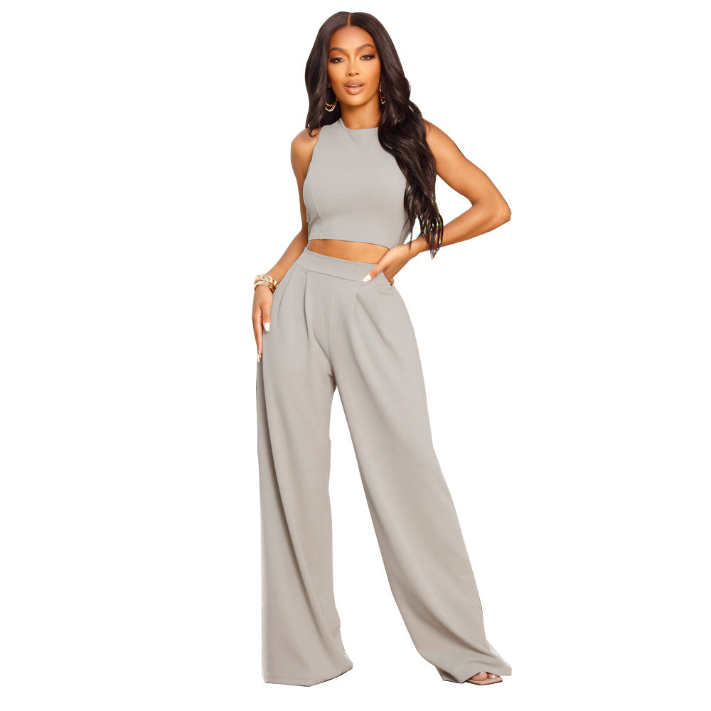 Cropped Tank Top Straight Flare Pants Casual Sports Two Piece Set