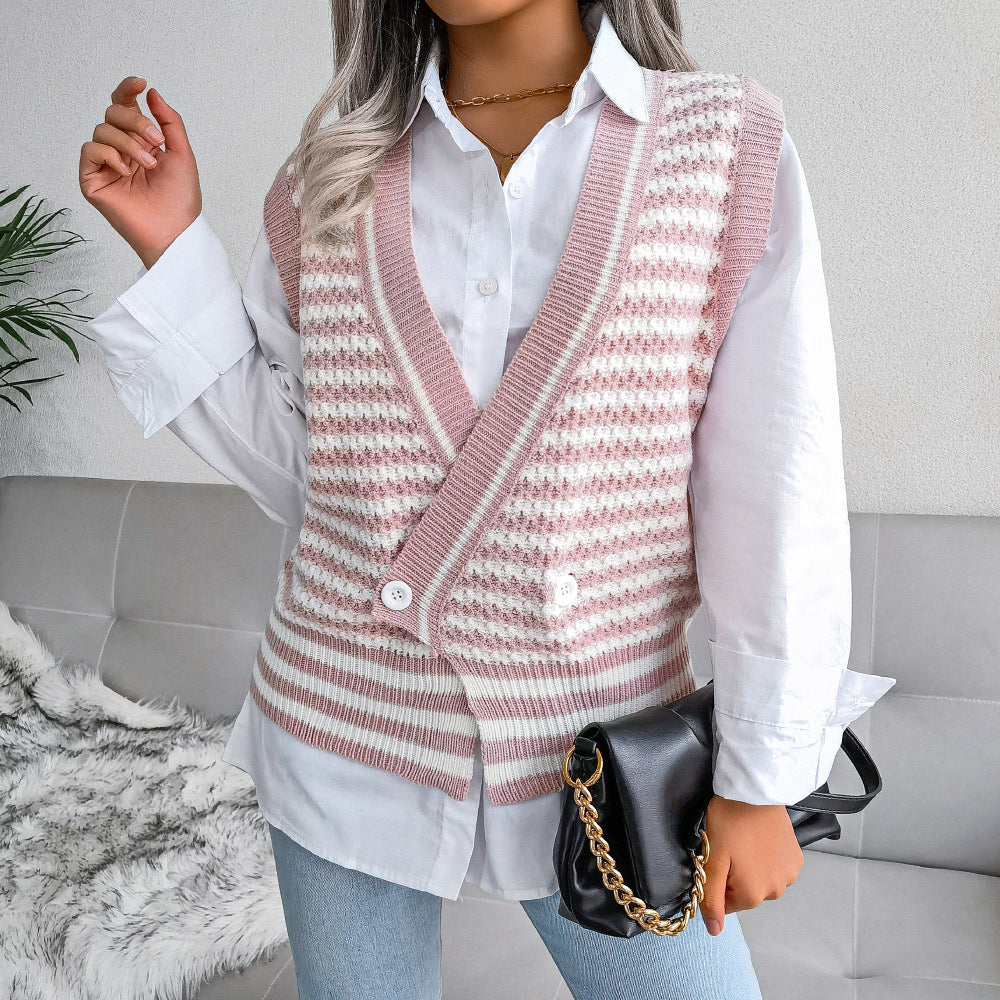 Stripe College Knitted Vest Sweater Women Clothing