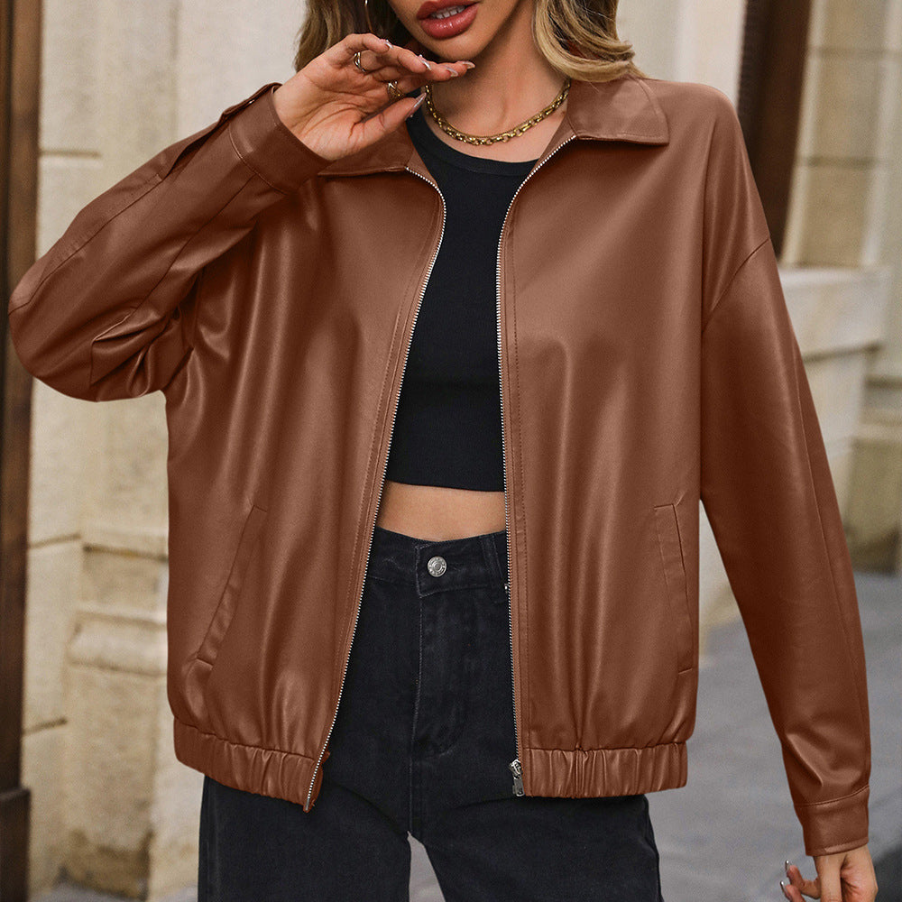 Casual Short Long Sleeve Zipper Faux Leather Motorcycle Leather Coat Polo Collar Jacket Coat Top
