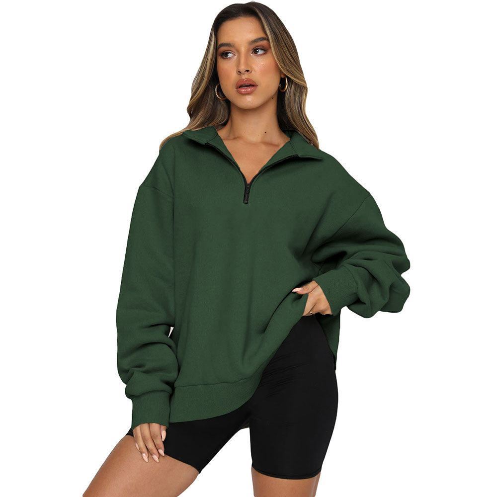 Zipper Collared Size Independent Stand Foreign Trade Ladies Solid Color Loose Versatile Top Sweatshirt