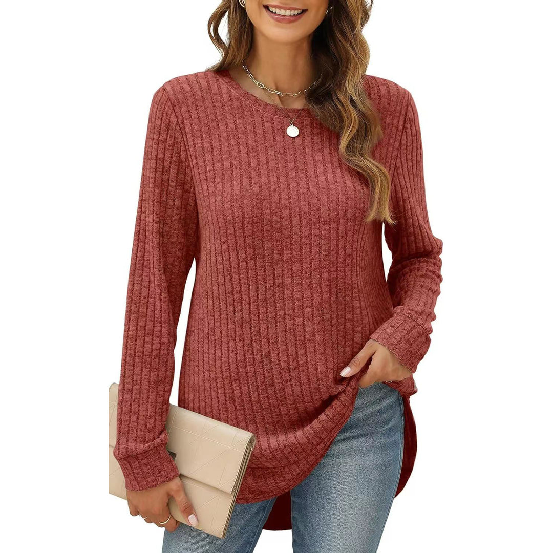 Autumn Winter Solid Color Round Neck Long Sleeve Brushed Loose Fitting T Shirt Top Women