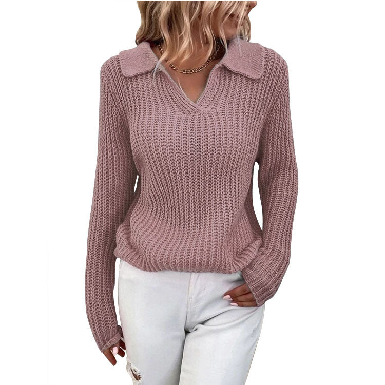 Autumn Winter Sweaters Polo Collar Solid Color Slim Knitted Sweater Women