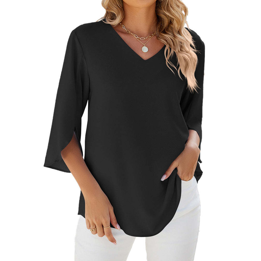 Spring Summer Solid Color V neck Half Sleeves Loose Chiffon Shirt Women Top