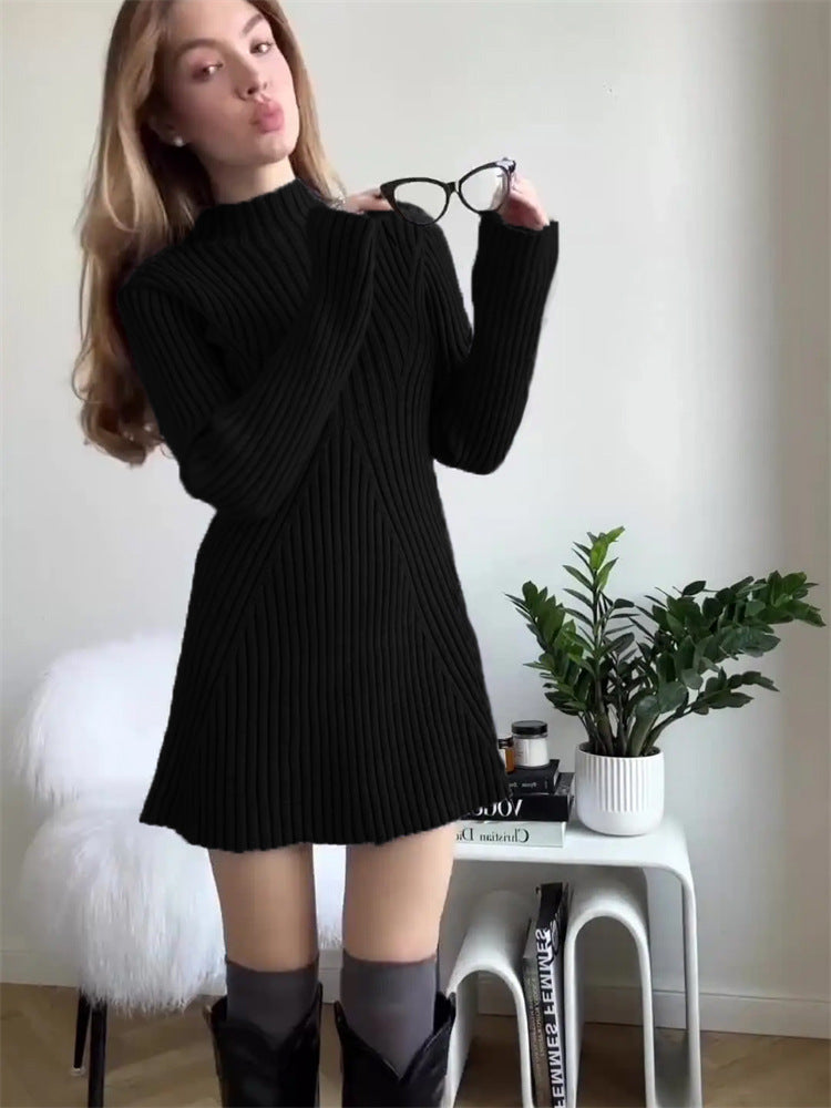 Long Sleeve Skinny Knit Dress Women Half Turtleneck Base Narrow Solid Color Short Temperamental Fall Winter Sweater Dress