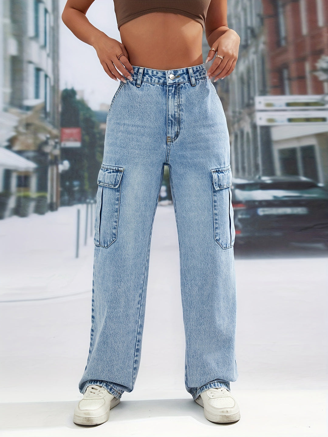 Women Clothing Large Pocket High Waist Casual Straight Leg Denim Trousers