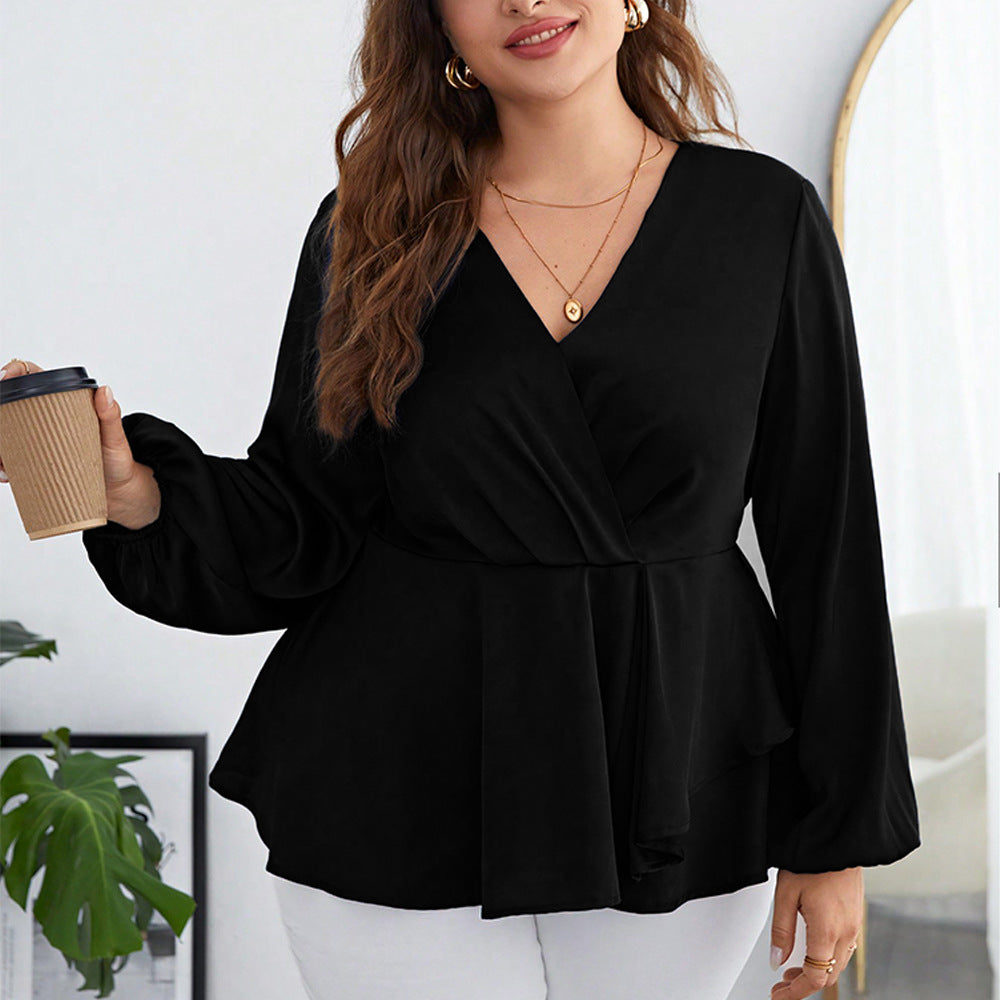 Plus Size Women Clothing Solid Color Chiffon Shirt Cinched Puff Sleeve V neck Long Sleeve Shirt Top