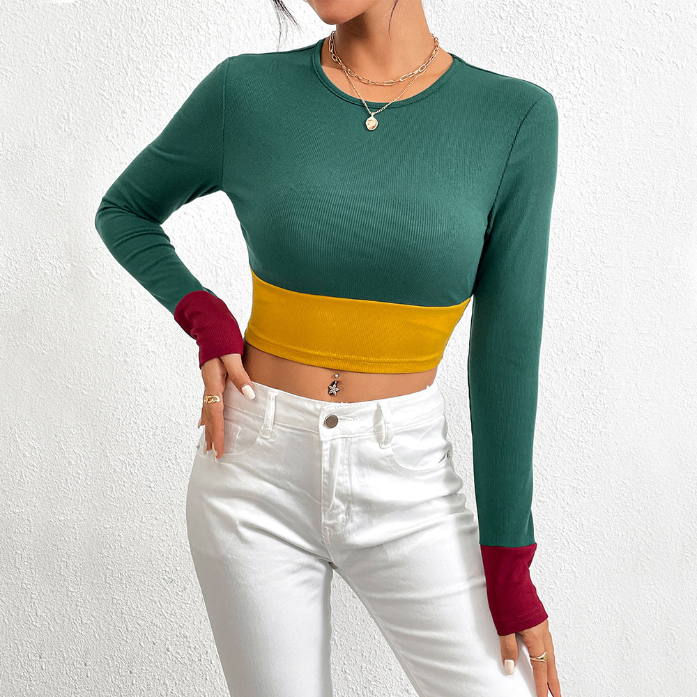 Women Clothing Autumn Winter Slim Fit O neck Short Stitching Color Contrast Long Sleeve T shirt Tops