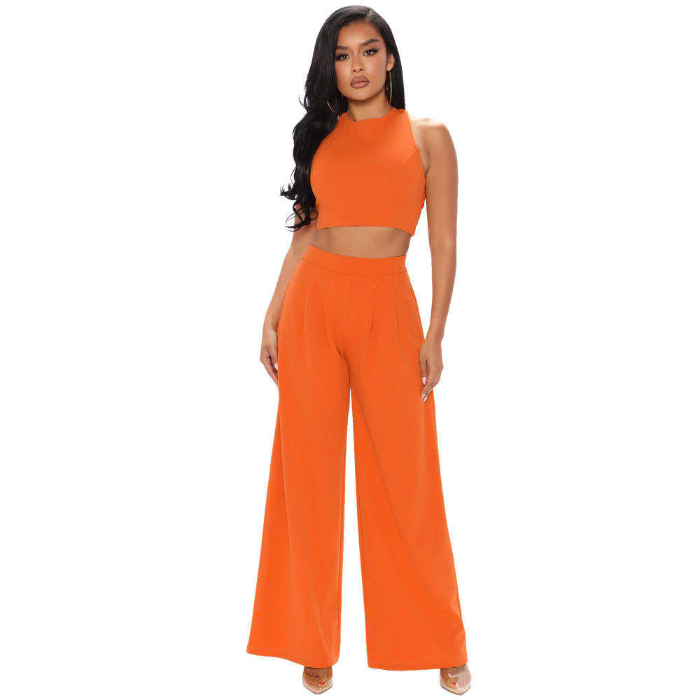 Cropped Tank Top Straight Flare Pants Casual Sports Two Piece Set