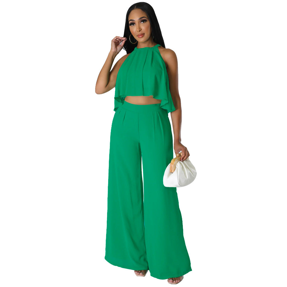 Sexy Sleeveless Cropped Top Chiffon High Waist Loose Women Wear Trousers Two Piece Set