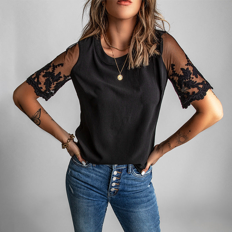 Lace Short-Sleeved Top WomenSolid Color Casual Chiffon Shirt