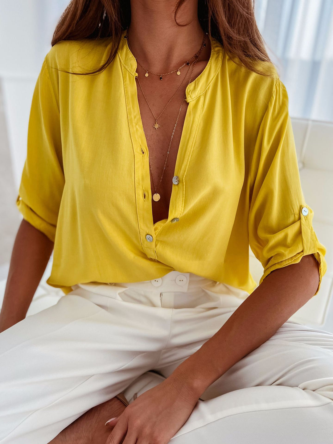 Popular Short Sleeve Stand Collar Loose Button Shirt Top for Women