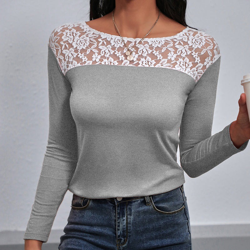 Lace Patchwork Round Neck Long Sleeved T Shirt Sexy Hollow Out Cutout Top Women