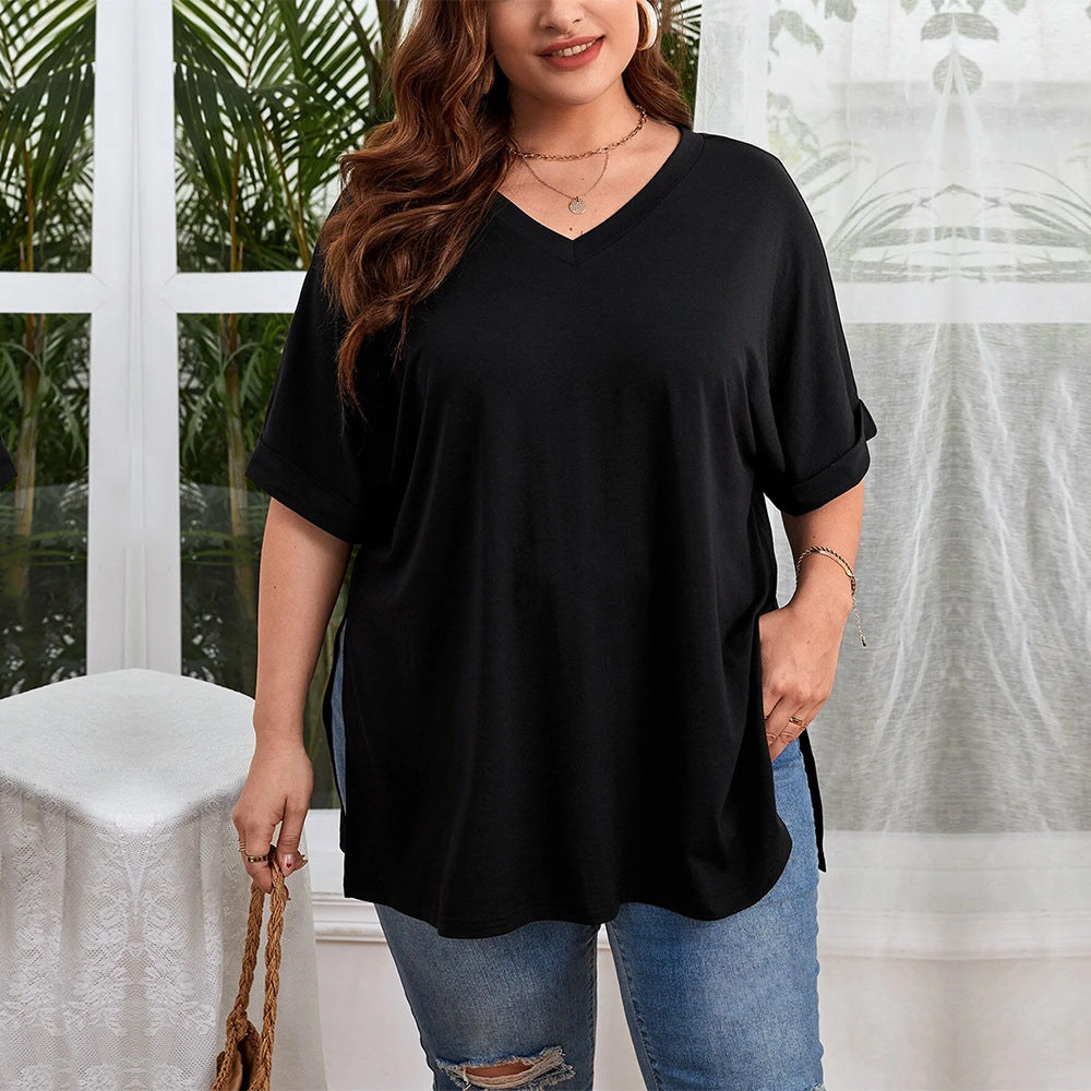 Plus Size Women Clothes Sexy V neck Loose Casual Slit Solid Color Short Sleeve T shirt Top