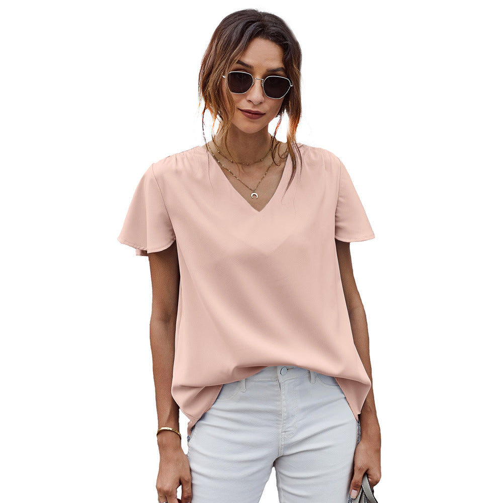 Solid Color Bottoming T shirt for Women Summer V neck Short Sleeve Pullover Regular Top