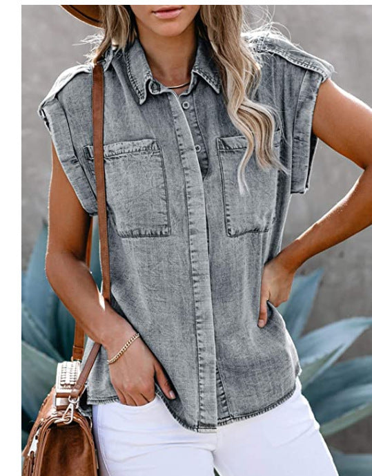 New  Sleeveless Denim Shirt Straight Pocket Loose  Top for Women