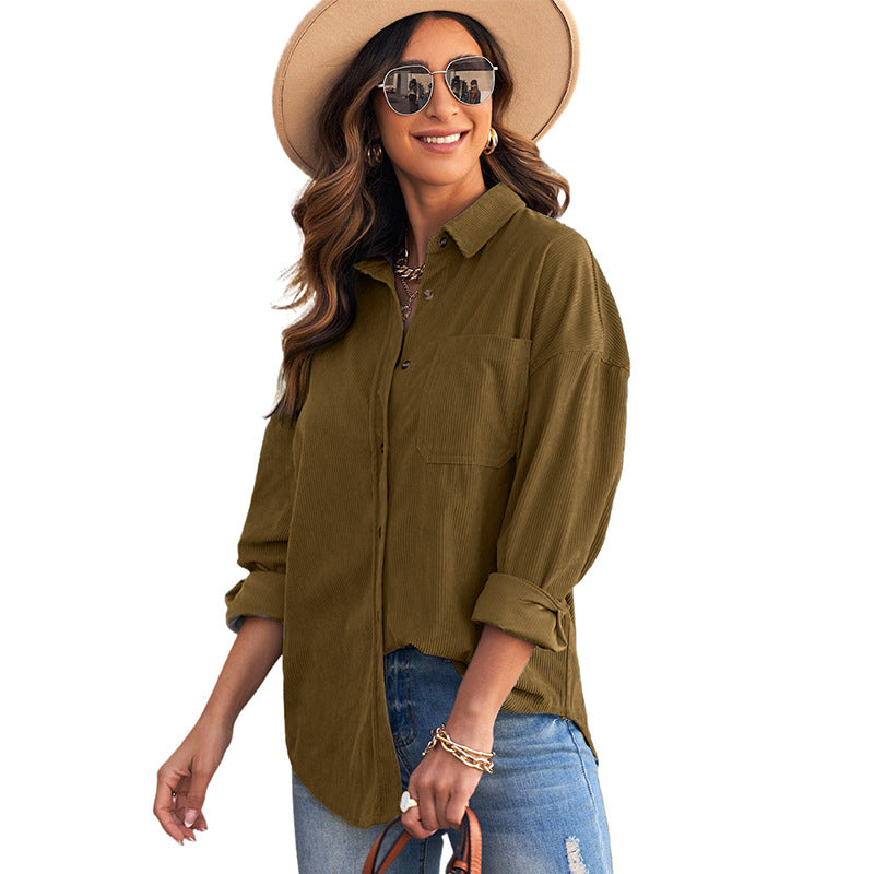 Solid Color Shirt Women Autumn Winter Breasted Collared Pocket Top Corduroy Cardigan Shirt Women