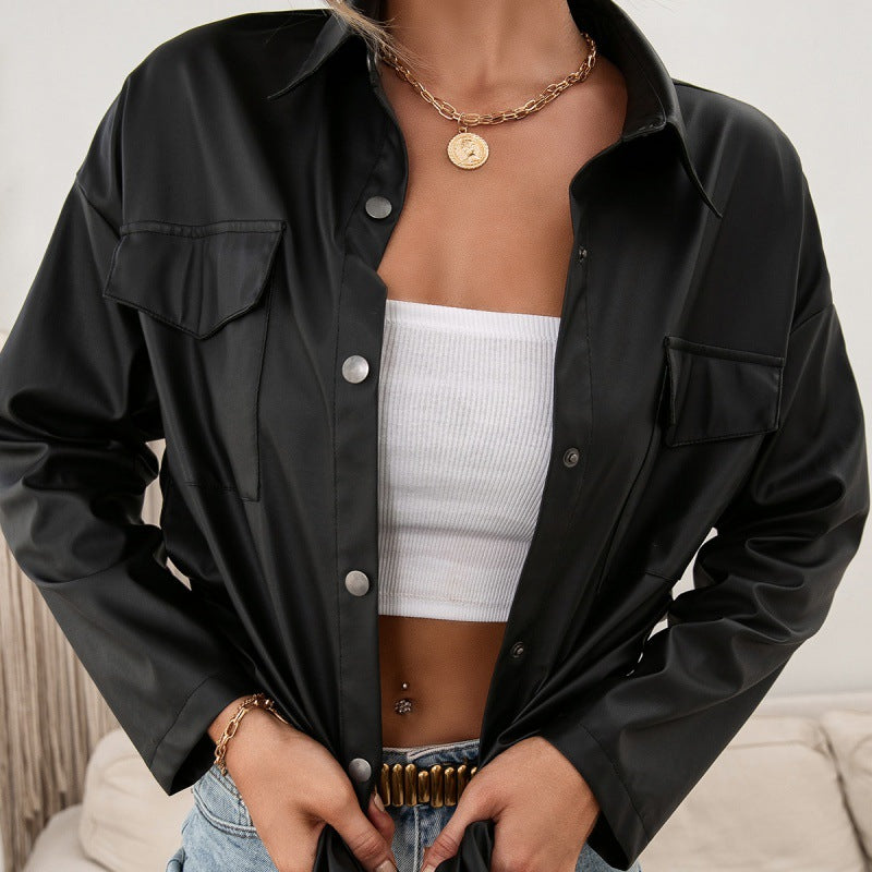 Casual Solid Color Biker Leather Single-Breasted Shacket Faux Leather Long Sleeve Shacket Coat Top for Women
