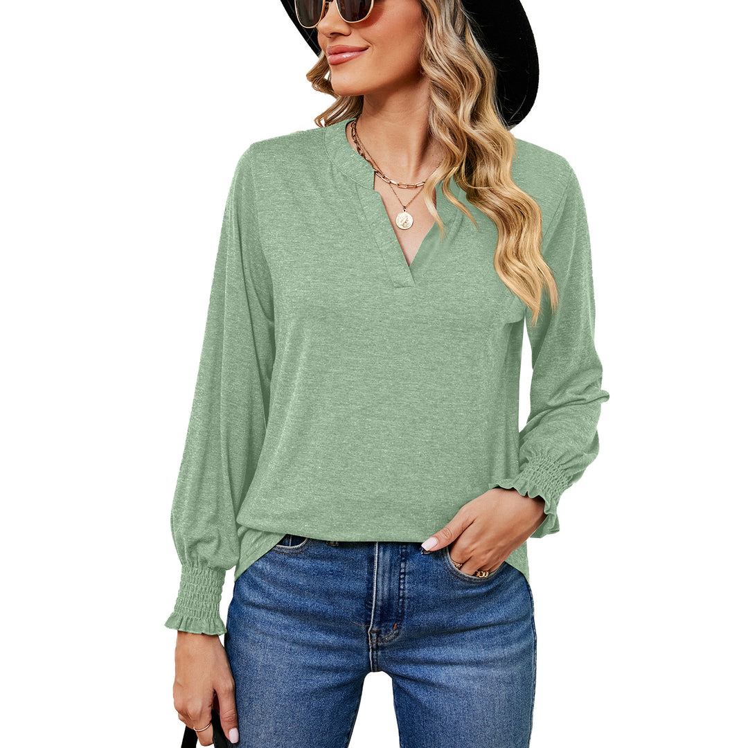 Autumn Winter Solid Color V neck Loose Long Sleeve Casual T shirt Top Ladies