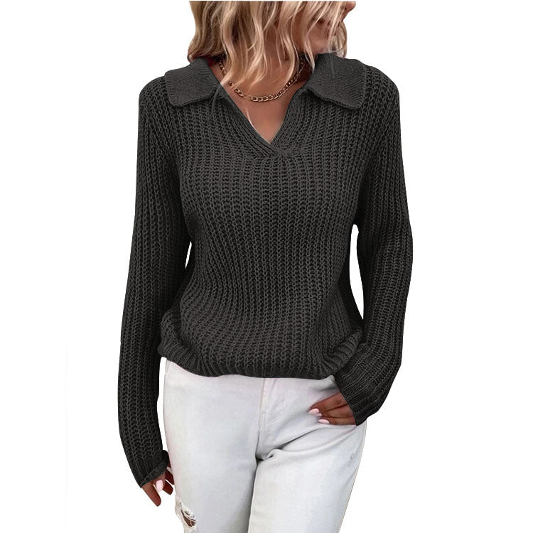 Autumn Winter Sweaters Polo Collar Solid Color Slim Knitted Sweater Women