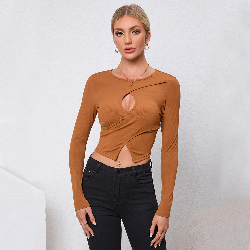 Sexy Cross Round Neck Long Sleeve Knitted Women Autumn Solid Color Slim Fit Waist Trimming Short Slimming Bottoming Shirt Top