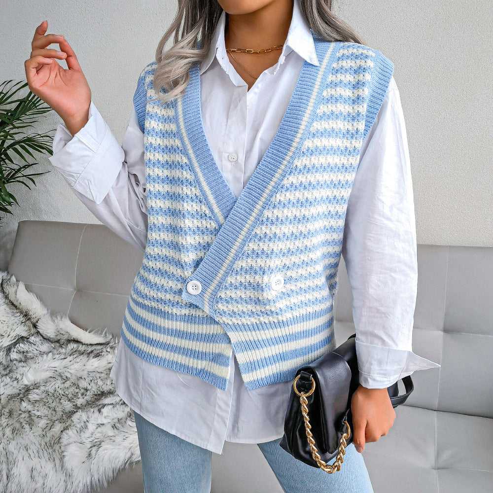 Stripe College Knitted Vest Sweater Women Clothing