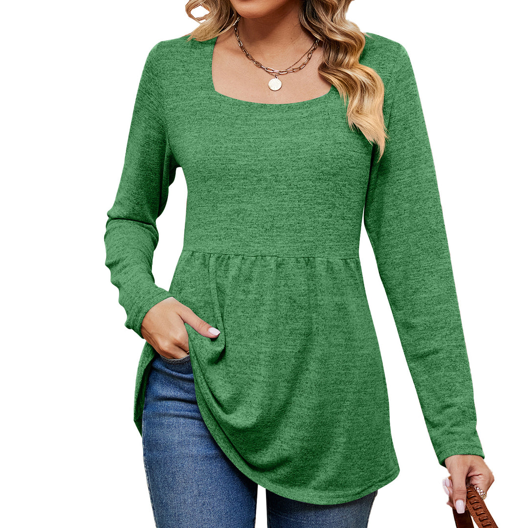 Autumn Winter Solid Color Square Collar Long Waist Controlled Long Sleeves T shirt Top for Women