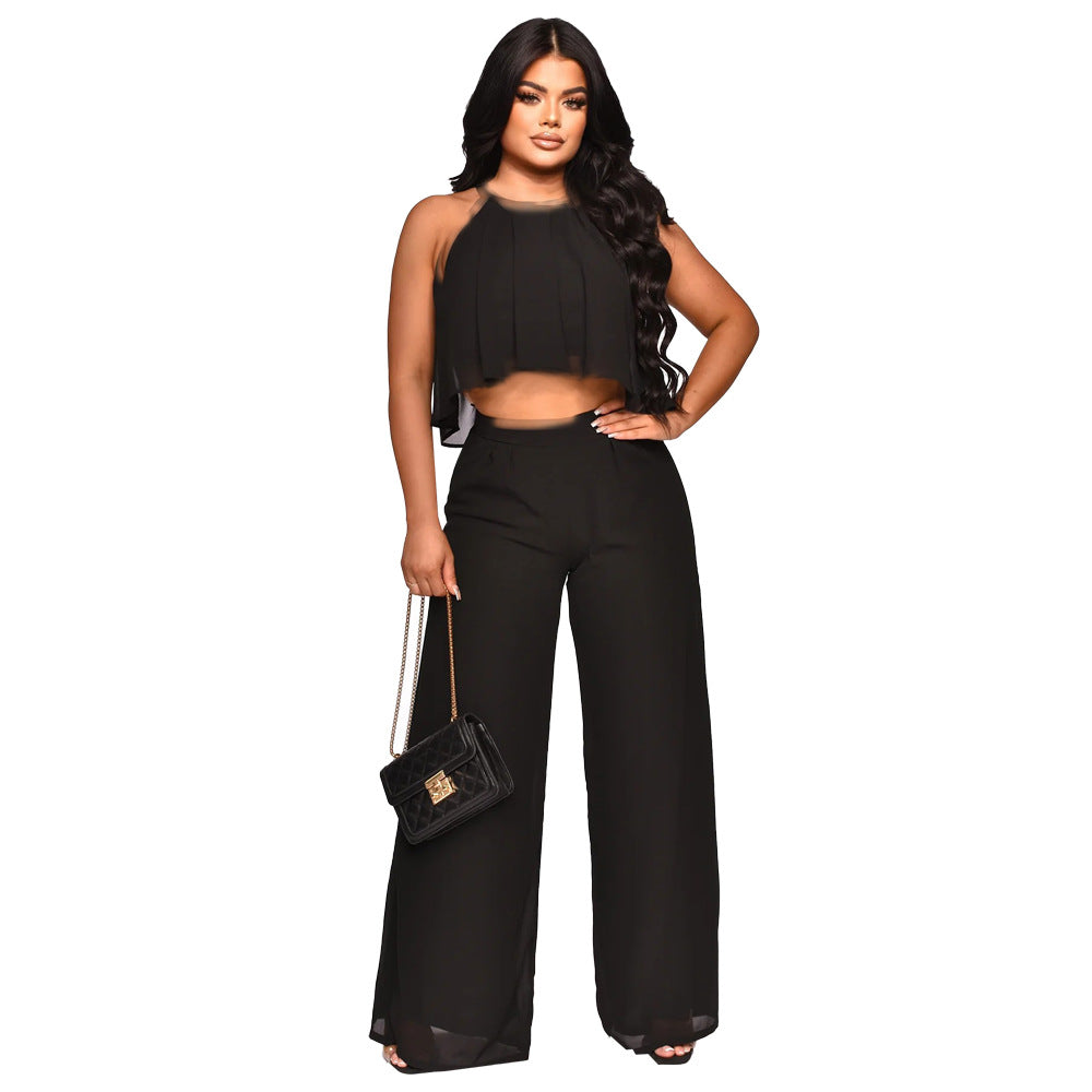 Sexy Sleeveless Cropped Top Chiffon High Waist Loose Women Wear Trousers Two Piece Set