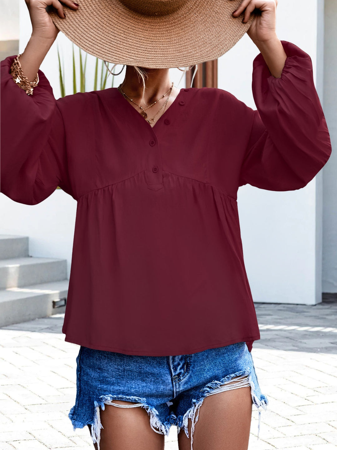 V-Neck Buttoned Balloon Sleeve Blouse