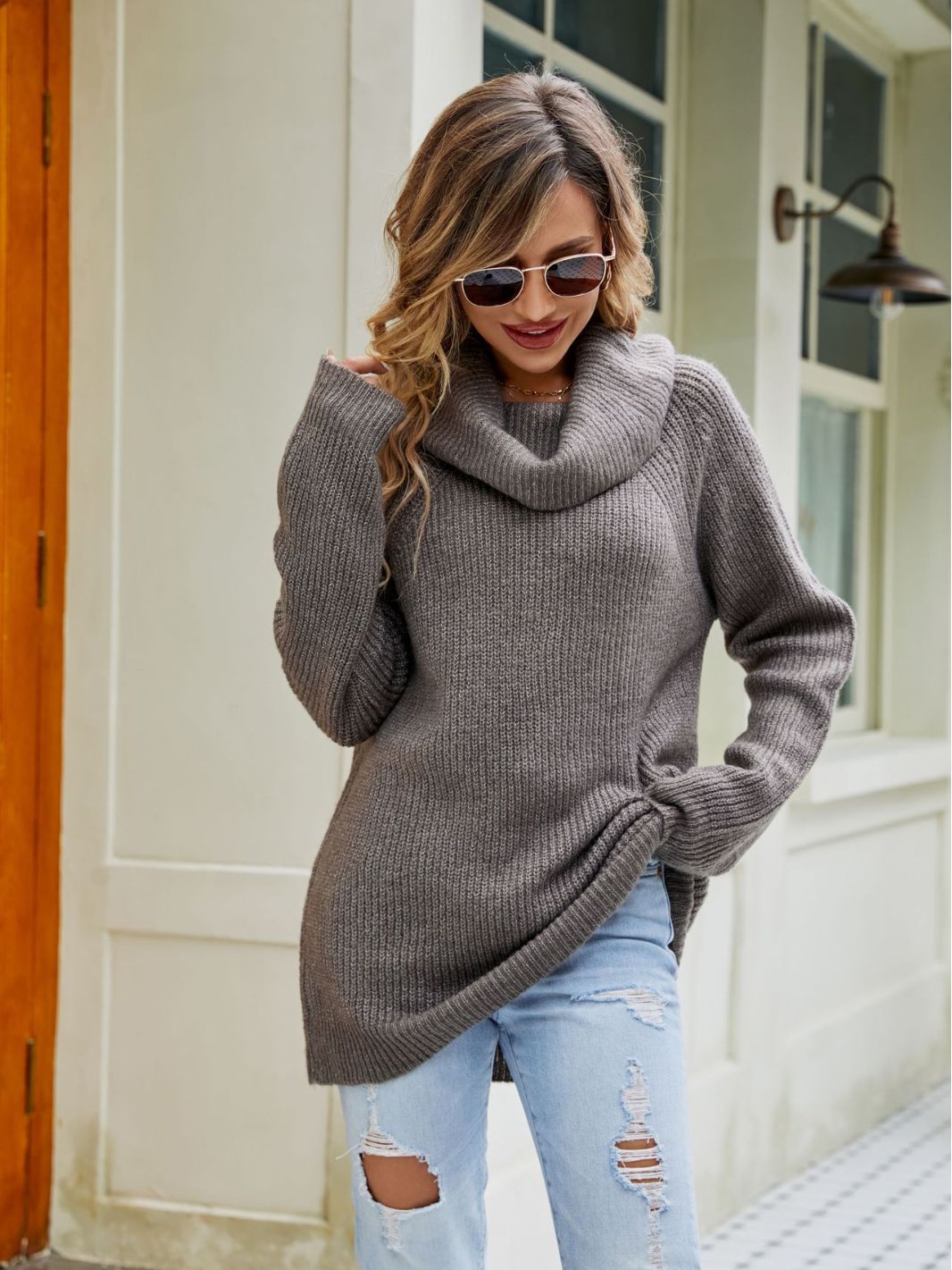Women Top Autumn Winter Casual Loose Sweater All Match Solid Color Polo Collar Pullover Sweater