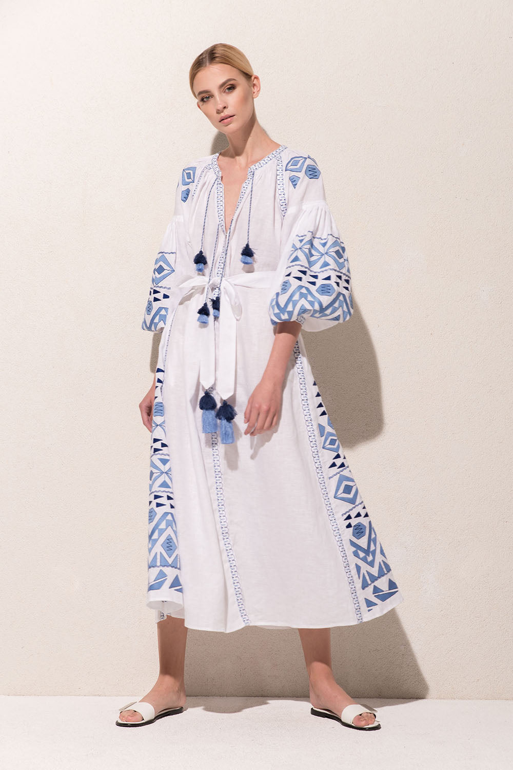 Women  Summer Long Bohemian Embroidered Lantern Sleeve Dress