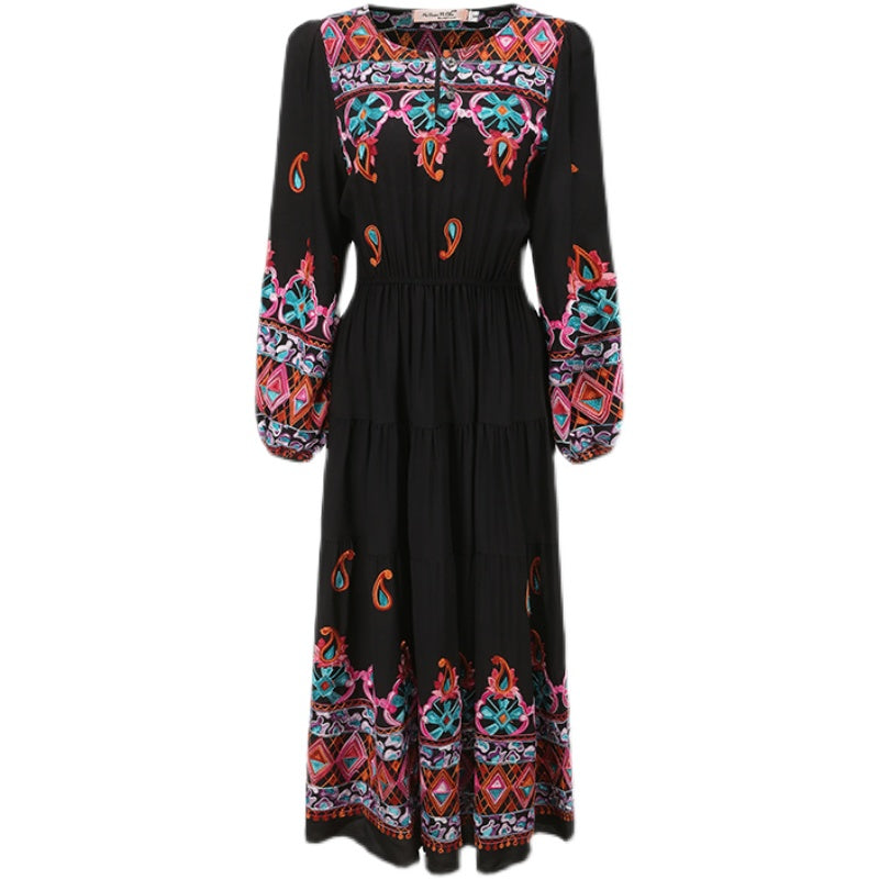 Women  Spring and Summer New Bohemian Style Minor Heavy Industry Embroidered Bohemian Vacation Style Dress Long Dress