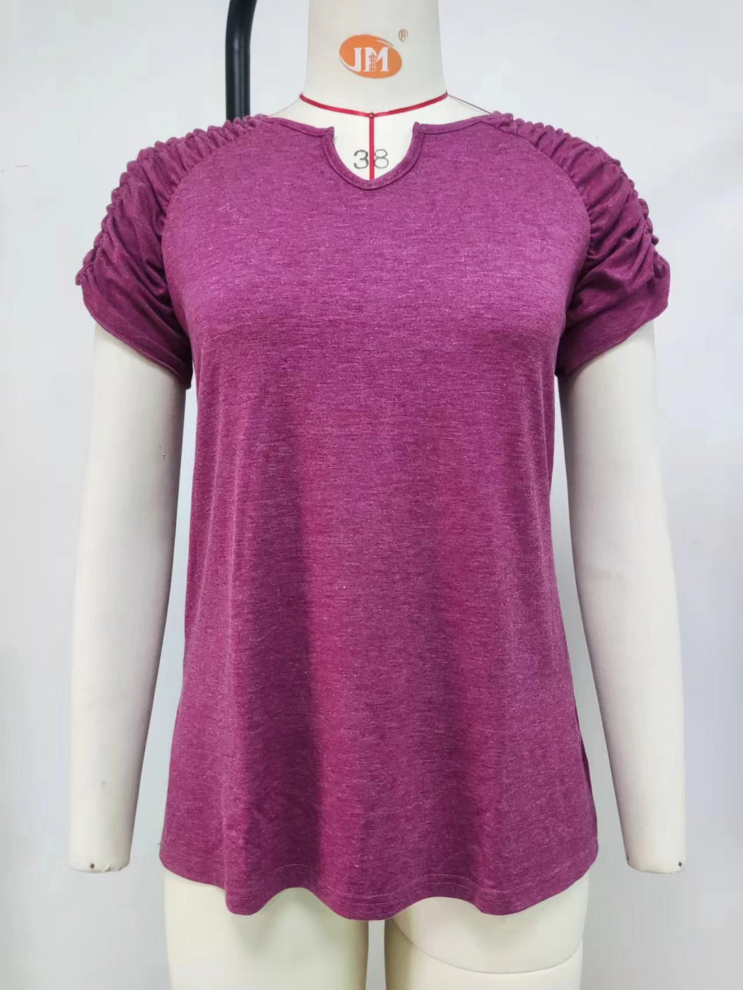 Summer Solid Color U Collar Loose Pleated Short Sleeve T shirt Top Ladies