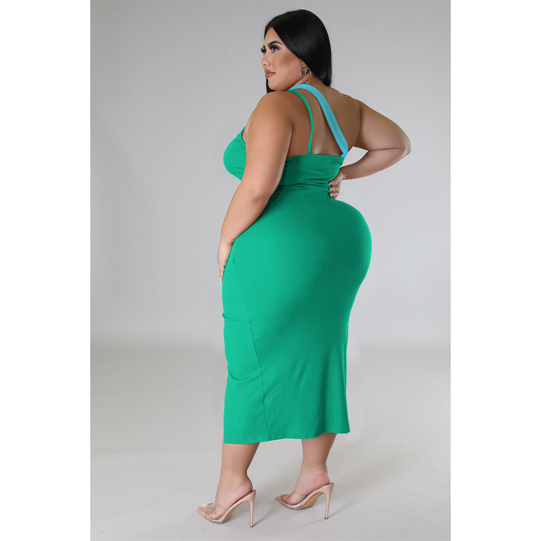 Plus Size Women Sunken Stripe Contrast Color Split Shoulder Zipper Dress