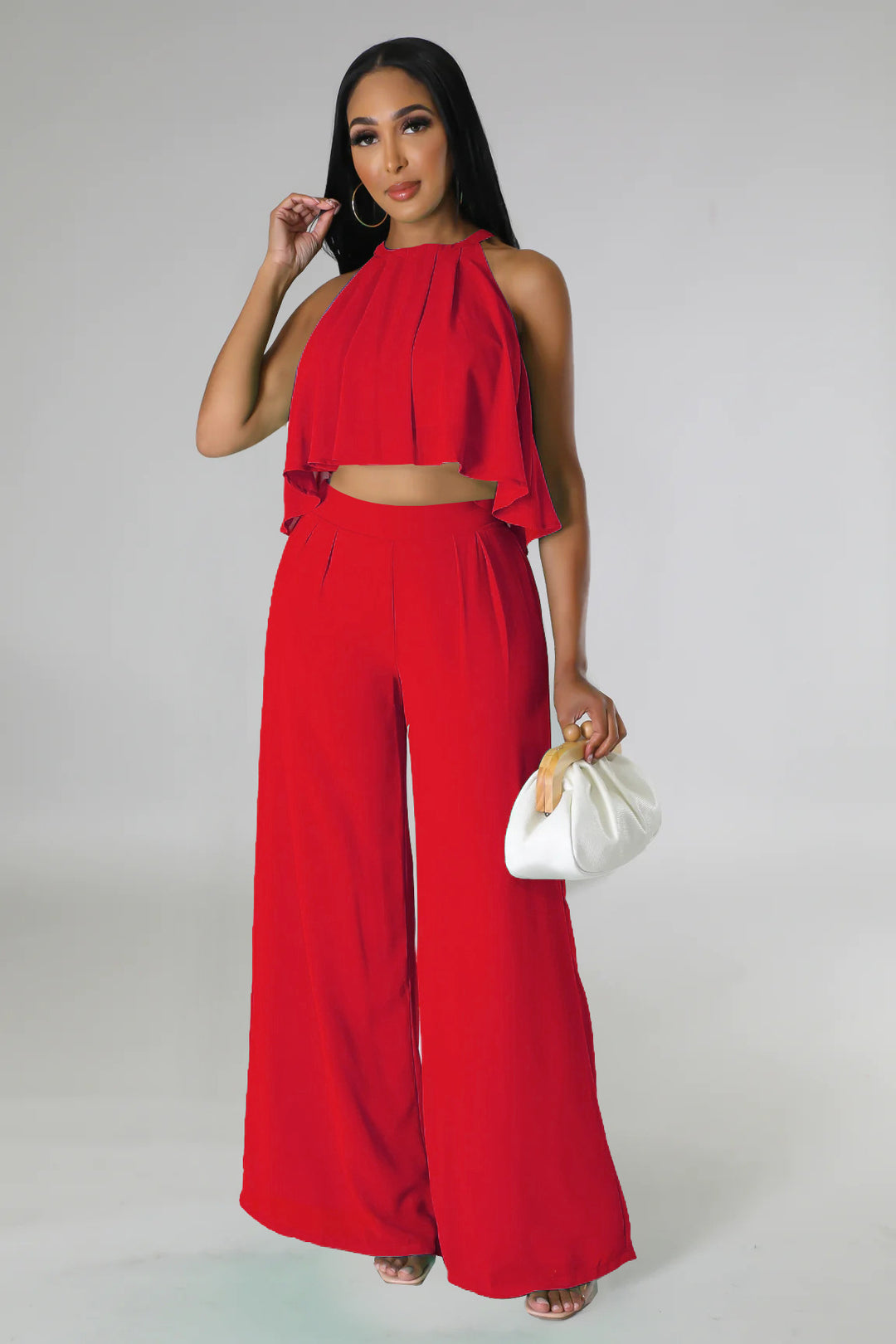 Sexy Sleeveless Cropped Top Chiffon High Waist Loose Women Wear Trousers Two Piece Set