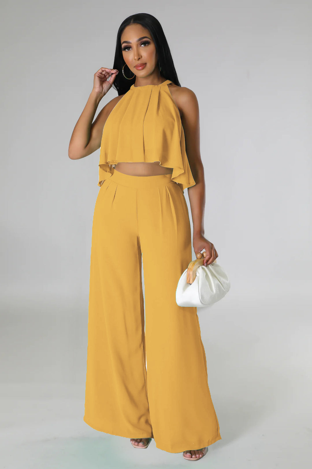 Sexy Sleeveless Cropped Top Chiffon High Waist Loose Women Wear Trousers Two Piece Set