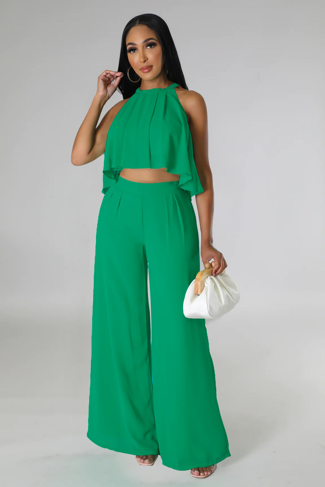 Sexy Sleeveless Cropped Top Chiffon High Waist Loose Women Wear Trousers Two Piece Set