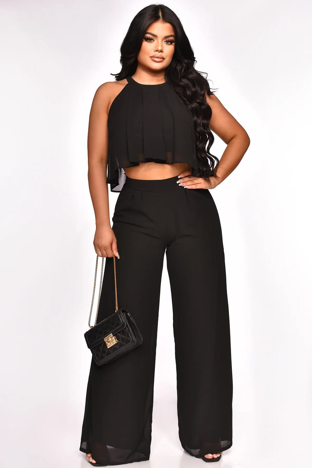 Sexy Sleeveless Cropped Top Chiffon High Waist Loose Women Wear Trousers Two Piece Set