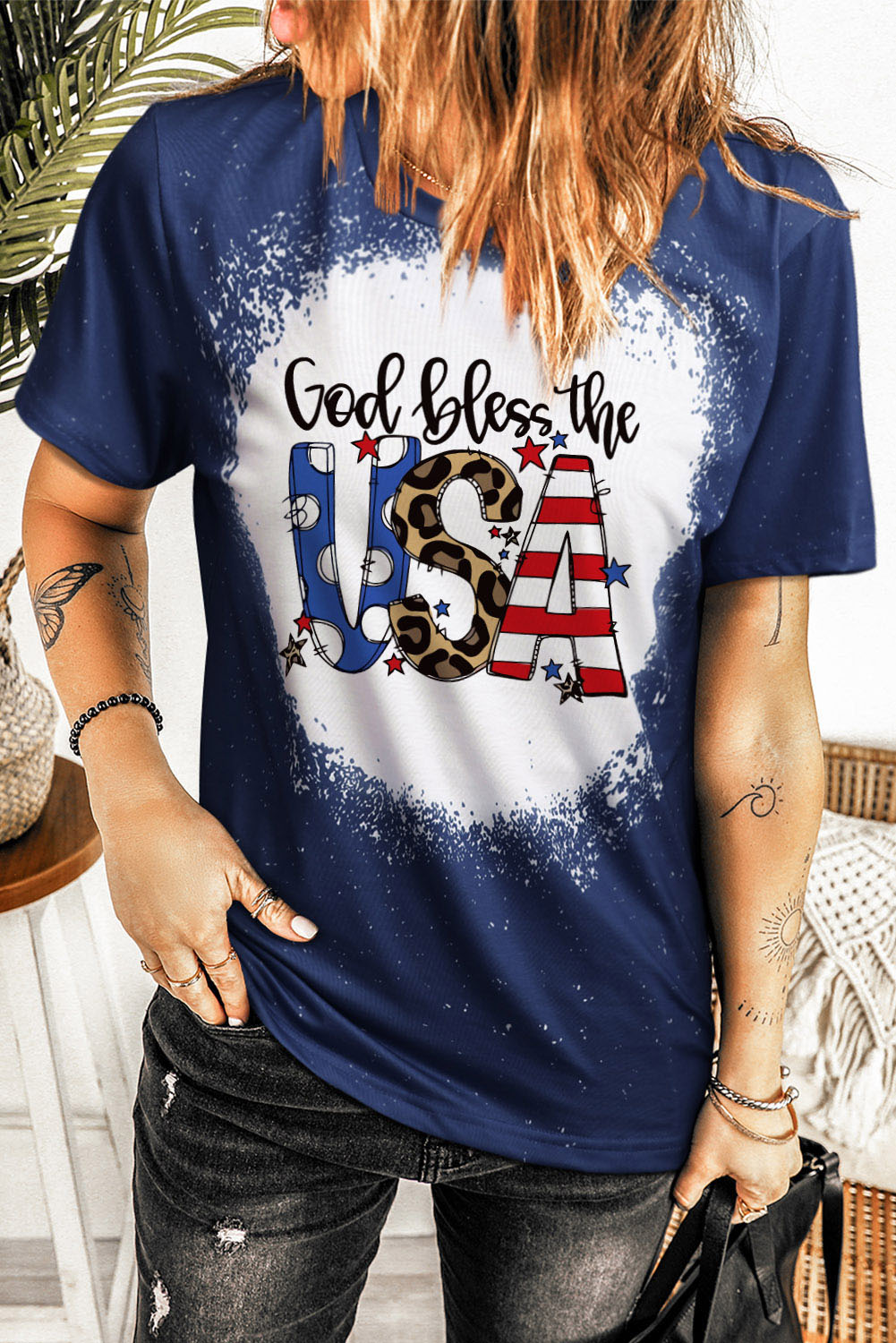 Blue God Bless the USA Print Bleach Short Sleeve T-Shirt